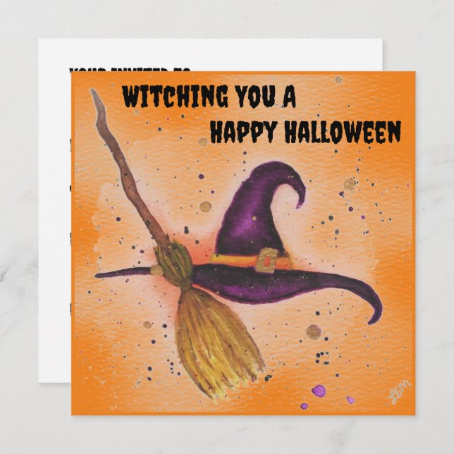 Convite Chapéu e vassoura da bruxa do Halloween (Frente/Verso)