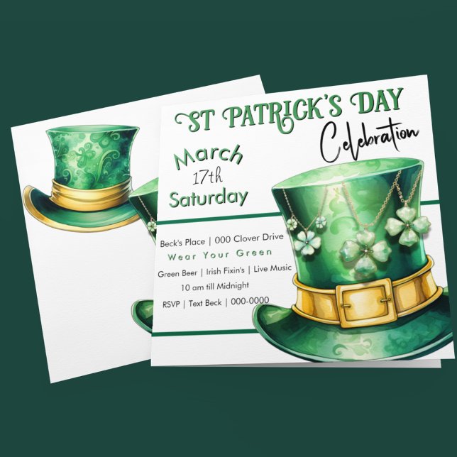 Convite Chapéu Superior do Dia de São Patrício com a Festa (Happy St Patrick's Day customizable party invitation with Leprechaun Top Hats and Shamrocks)