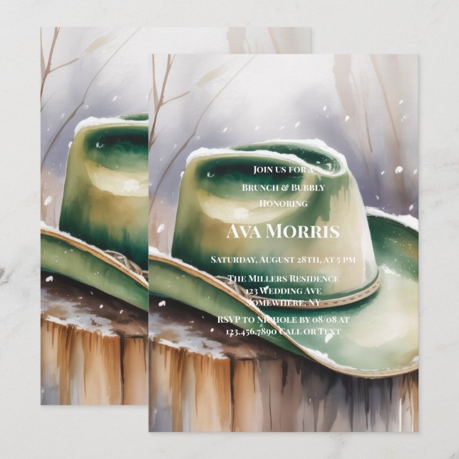 Convite Chapéu Verde de Cowboy na Neve Brunch & Bubbly (Frente/Verso)