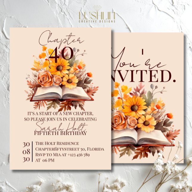 Convite Chapter 40 Birthday – Open Book with Fall Flowers (Criador carregado)