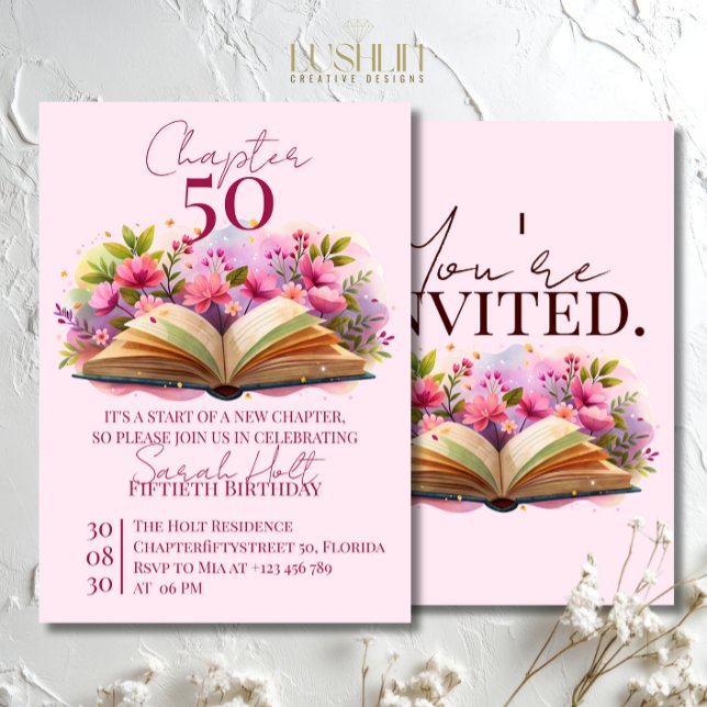 Convite Chapter 50 Birthday – Open Book with Pink Flowers (Criador carregado)
