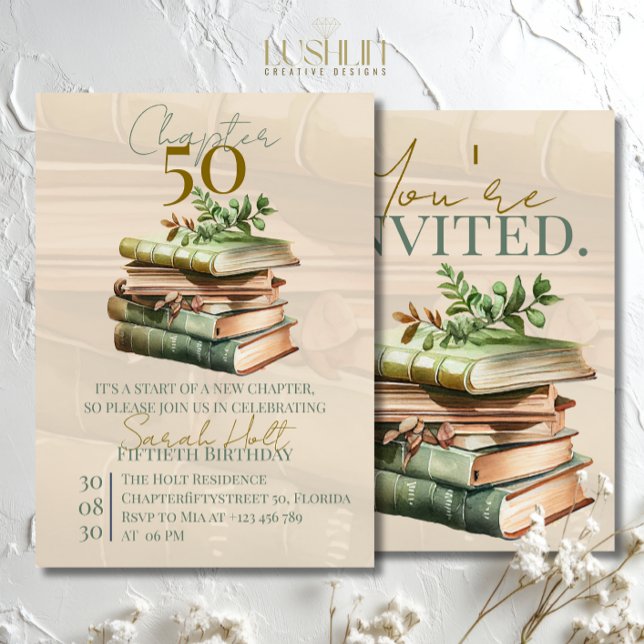Convite Chapter 50 Birthday | Stacked Books & Leaves  (Criador carregado)
