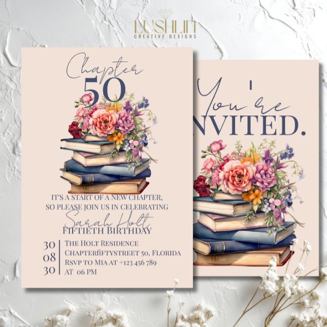 Convite Chapter 50 Birthday Stacked Books with Flowers (Criador carregado)
