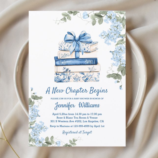 Convite chapter begins, blue bow books floral baby shower  (Criador carregado)
