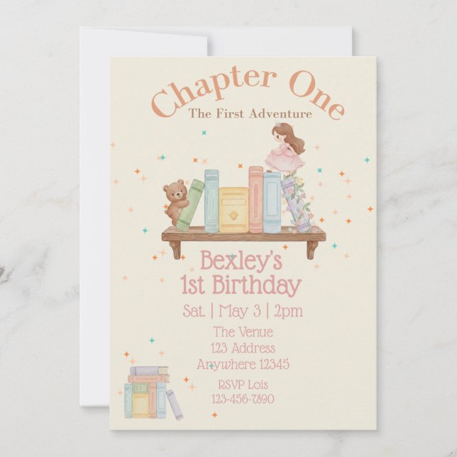 Convite Chapter One, First Adventure, 1st Birthday Girl (Frente)