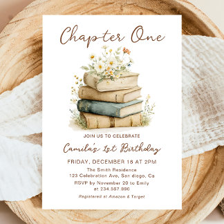 Convite Chapter One Floral Books 1st Birthday Invitation