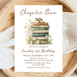 Convite Chapter One Floral Books 1st Birthday Invitation