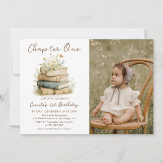 Convite Chapter One Floral Books 1st Birthday Photo