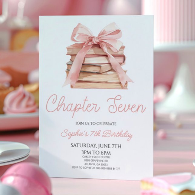 Convite Chapter Seven Pink Bow Books 7th Birthday Party (Criador carregado)