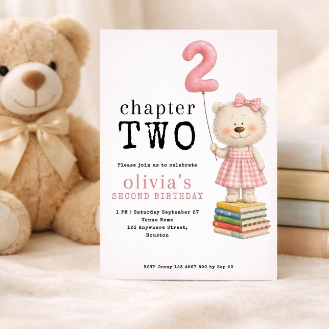 Convite Chapter Two Teddy Bear Book Girl 2nd Birthday Pink (Criador carregado)