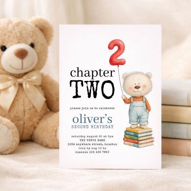 Convite Chapter Two Teddy Bear Books Boy 2nd Birthday (Criador carregado)