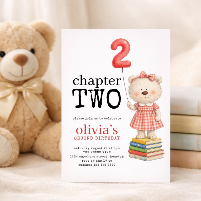Convite Chapter Two Teddy Bear Books Girl 2nd Birthday Red (Criador carregado)