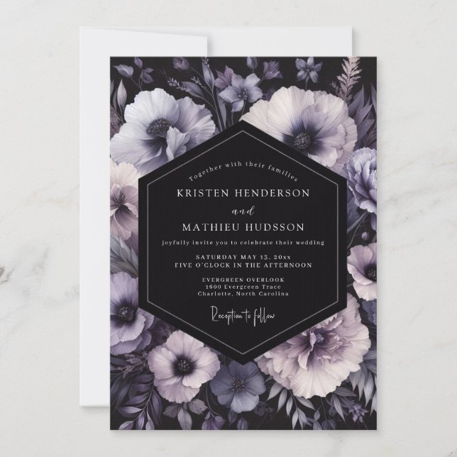 Convite Charcoal Amethyst Bloom Wedding (Frente)