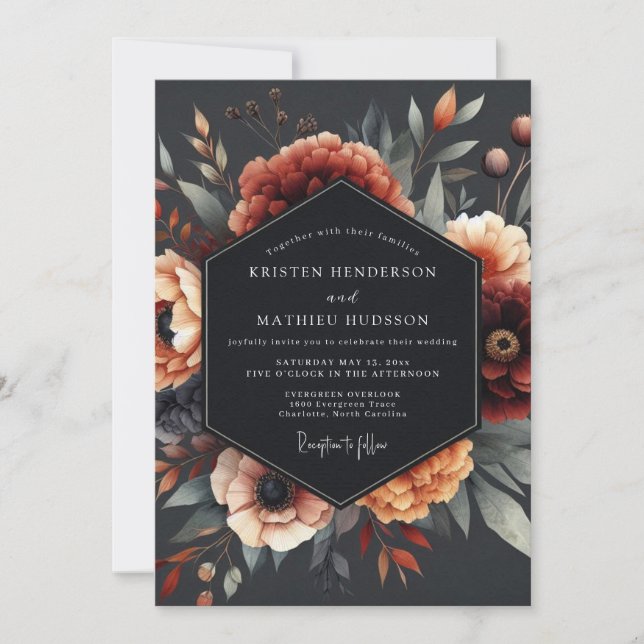 Convite Charcoal Baroque Flora Wedding (Frente)