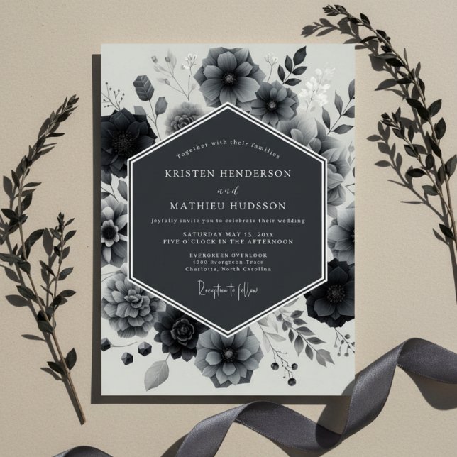 Convite Charcoal Bloom Elegance Wedding (Criador carregado)