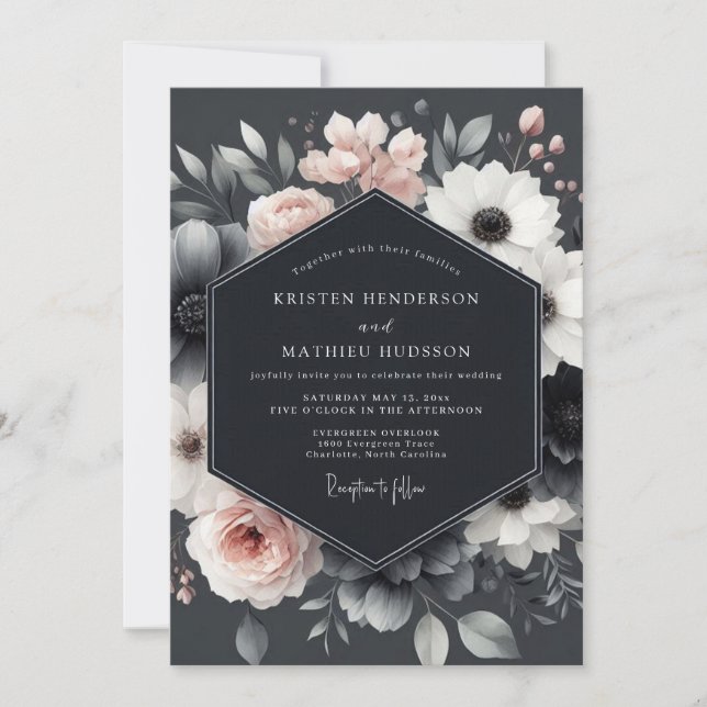 Convite Charcoal Blush Blossom Elegance Wedding (Frente)