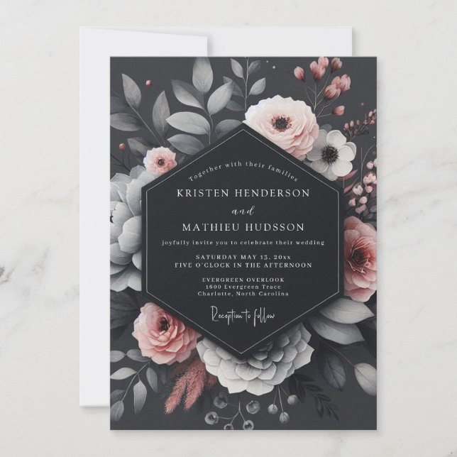Convite Charcoal Blush Floral Elegance Wedding (Frente)
