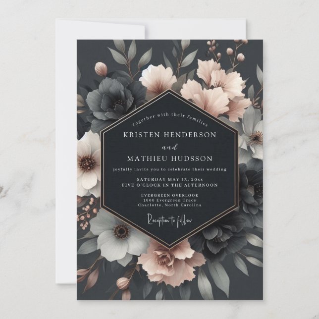 Convite Charcoal Blush Vesperal Bloom Wedding (Frente)