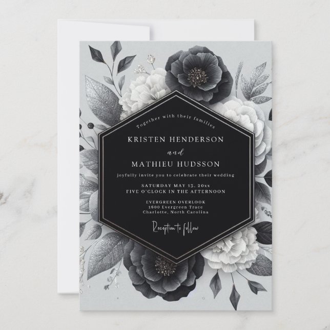 Convite Charcoal Botanical Romance Wedding (Frente)