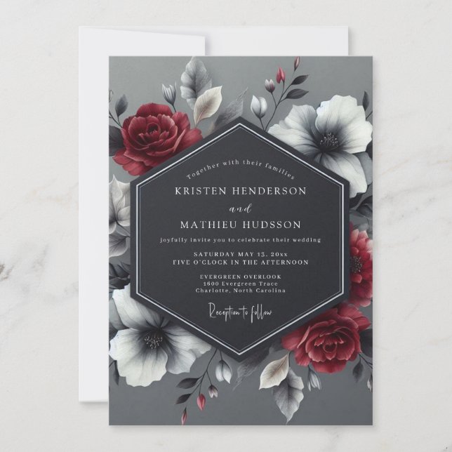 Convite Charcoal Crimson Bloom Wedding (Frente)