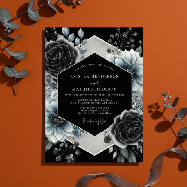 Convite Charcoal Floral Gothic Romance Wedding (Criador carregado)