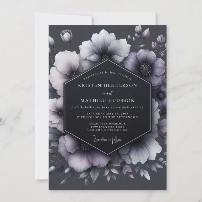 Convite Charcoal Floral Moody Wedding (Frente)