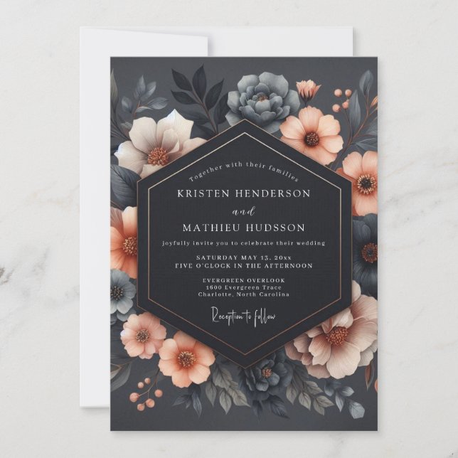 Convite Charcoal Floral Romance Wedding (Frente)