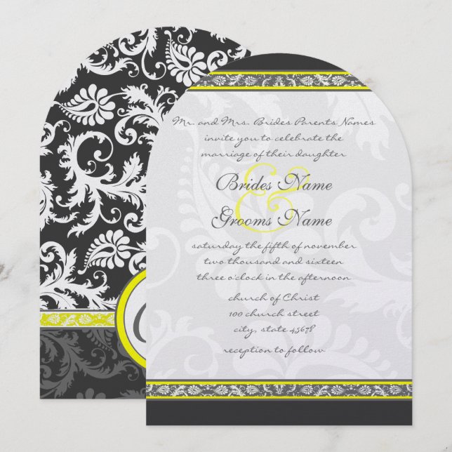 Convite Charcoal Gray and Yellow Wedding Invitations (Frente/Verso)