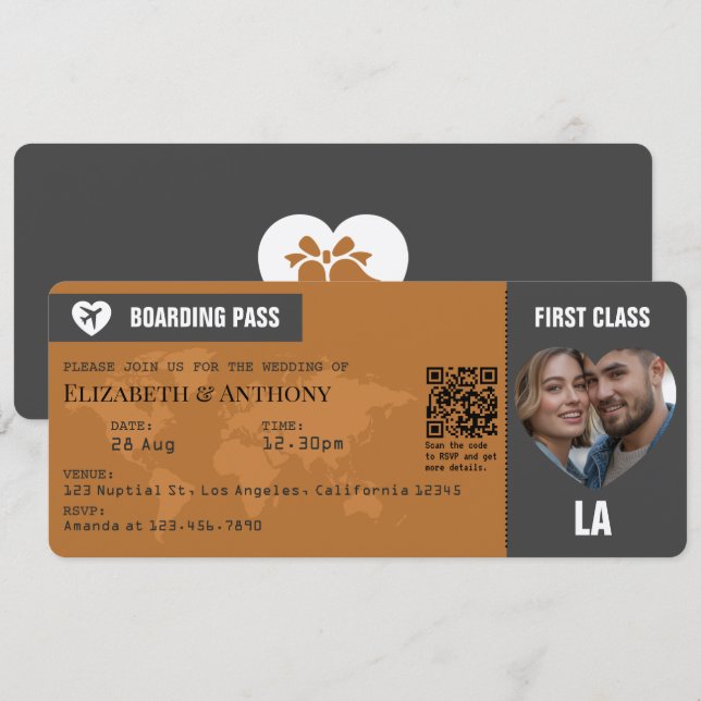 Convite Charcoal Gray & Copper Boarding Pass Wedding (Frente/Verso)