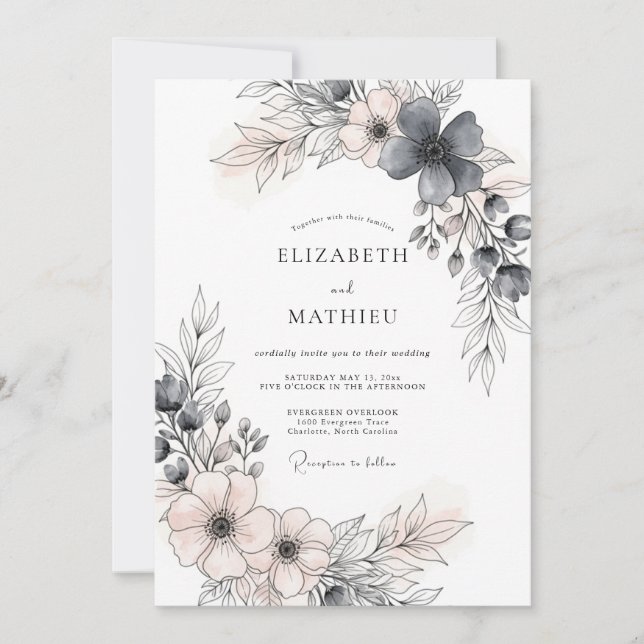 Convite Charcoal Gray Romantic Spring Wedding (Frente)
