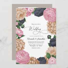 Convite Charcoal, Light Taupe & Peony Pink Floral Wedding