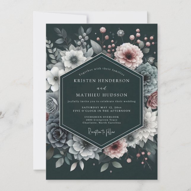 Convite Charcoal Mauve Luminous Bloom Wedding (Frente)