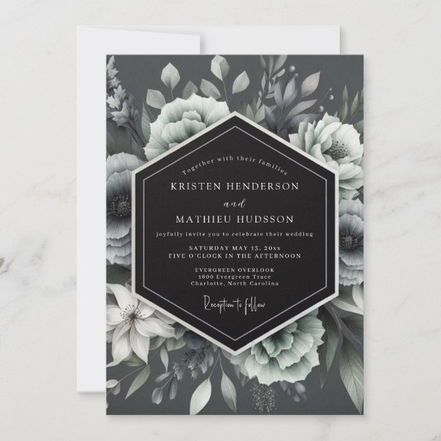 Convite Charcoal Moonlit Flora Wedding (Frente)
