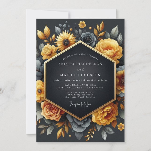 Convite Charcoal Ochre Baroque Wedding (Frente)