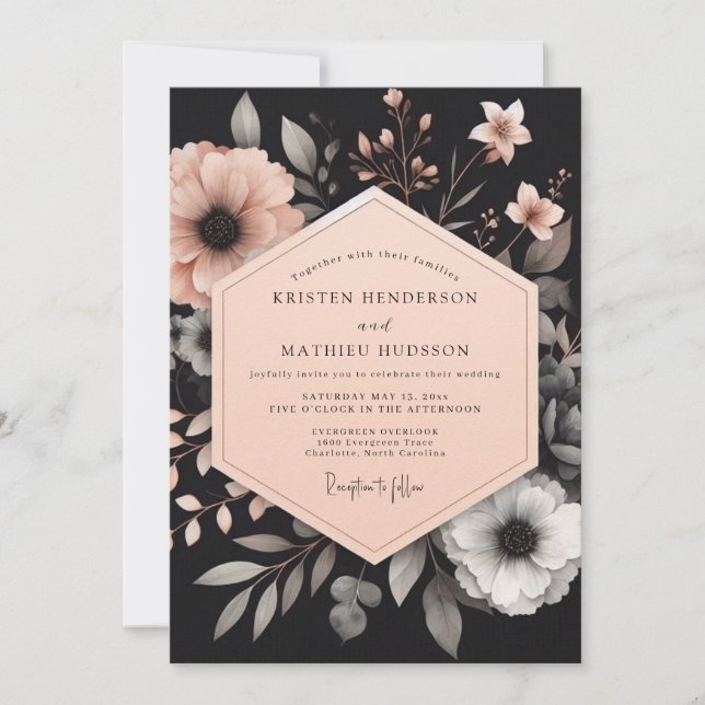 Convite Charcoal Peach Luminous Bloom Wedding (Frente)