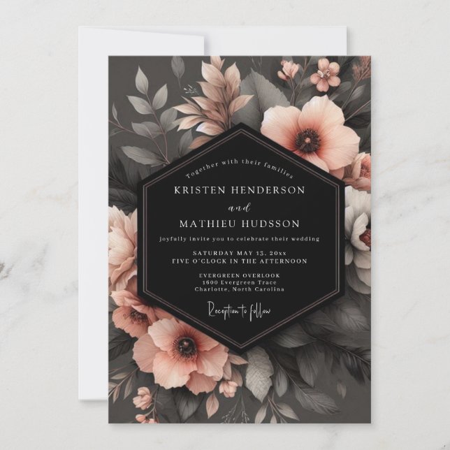 Convite Charcoal Peach Shadowy Flora Wedding (Frente)