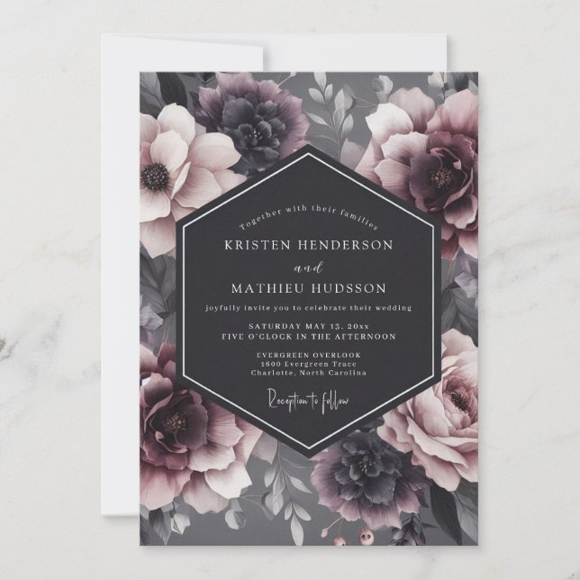 Convite Charcoal Somber Flora Wedding (Frente)