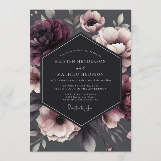 Convite Charcoal Victorian Bloom Wedding (Frente)