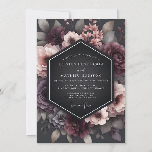 Convite Charcoal Wistful Blossom Wedding (Frente)