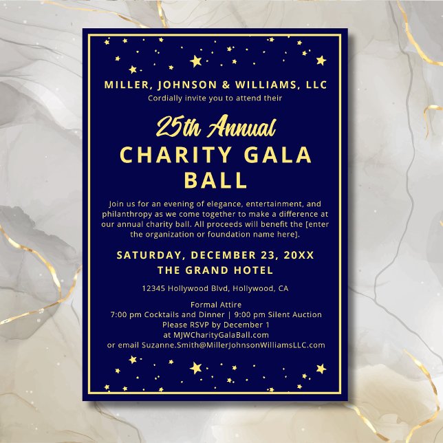 Convite Charity Gala Ball Silent Auction Elegante Blue Dou (Annual Charita Gala Ball Silent Auction Fundraiser Invitation in Navy Blue and Gold with Gold Stars.)