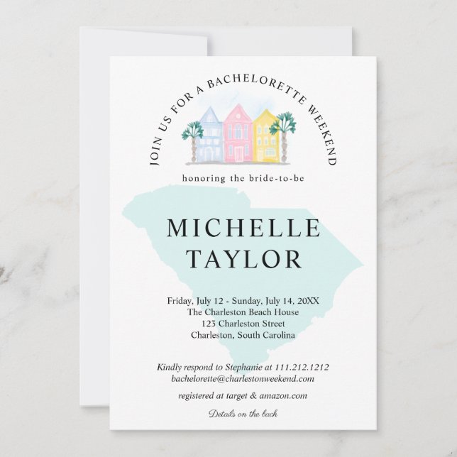 Convite Charleston Bachelorette Weekend Itinerário Sul (Frente)