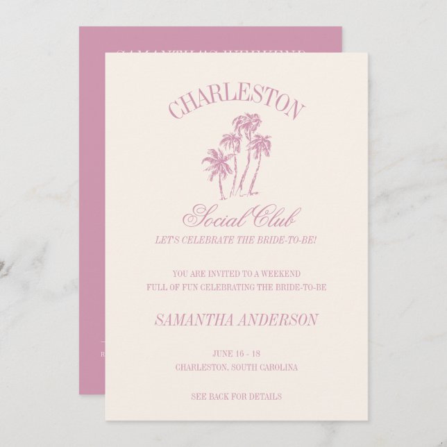 Convite Charleston Bachelorette Weekend Pink Social Club (Frente/Verso)