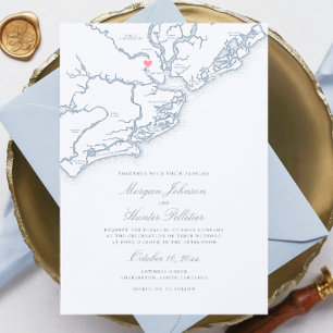 Convite Charleston SC Map Elegante Dusty Blue Weding