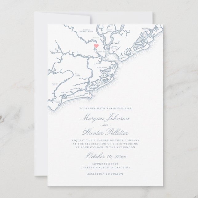 Convite Charleston SC Map Elegante Dusty Blue Weding (Frente)