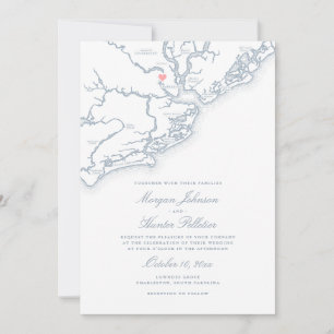 Convite Charleston SC Map Elegante Dusty Blue Weding
