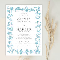Charleston Toile Border em Blue Weding Invitation