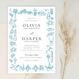 Convite Charleston Toile Border em Blue Weding Invitation