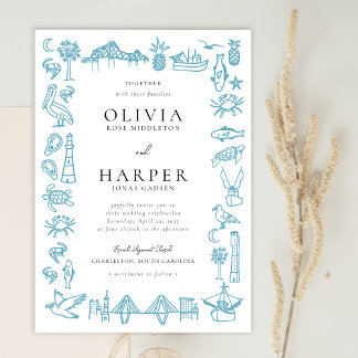 Convite Charleston Toile Border em Blue Weding Invitation