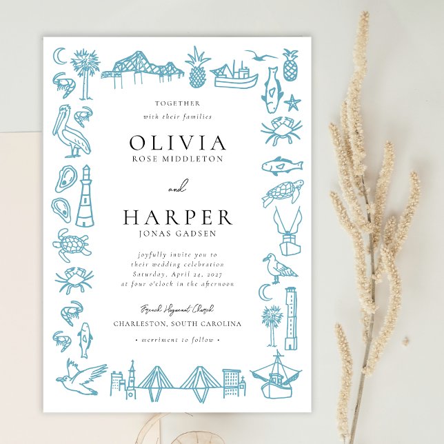 Convite Charleston Toile Border em Blue Weding Invitation (Charleston South Carolina Toile border in blue wedding invitation by artist Erika Firm)