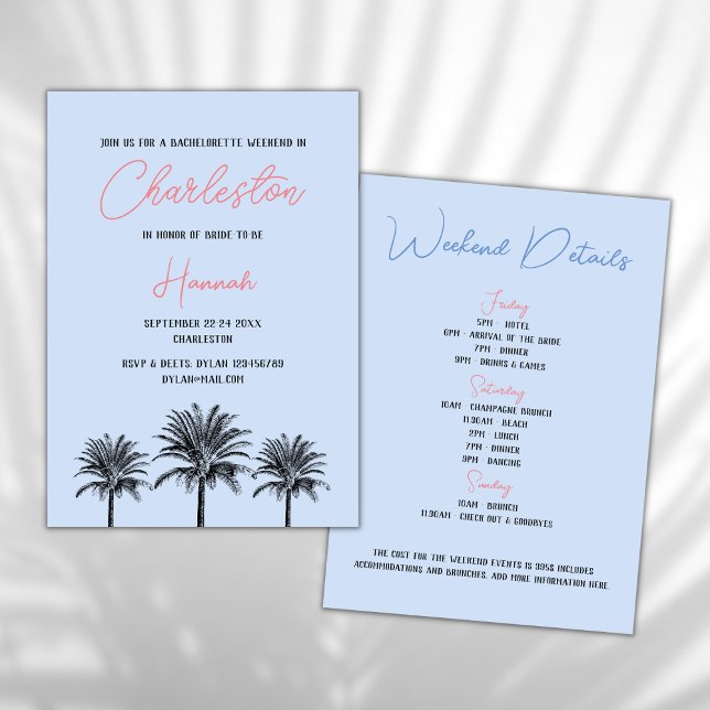 Convite Charleston Tropical Palms Bachelorette Weekend (charleston bachelorette weekend invitation south carolina tropical palms sky blue beach bachelorette)